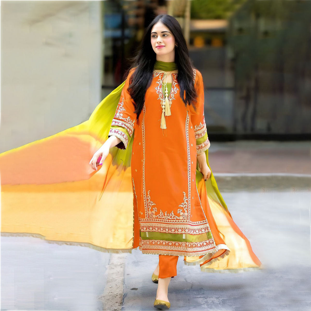 Unstitched Three Piece-Orange